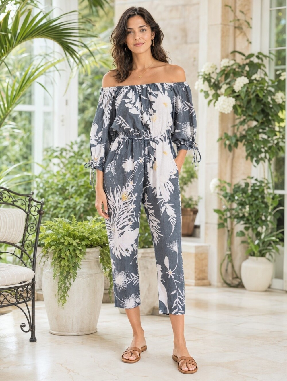 Anna Glover x H&M Linen Cotton Floral Bee Off-Shoulder Jumpsuit Size 6